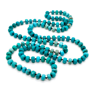 Hand-Knotted Long Faceted Rich Turquoise Rondelle Bead Necklace