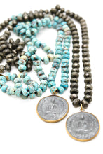 Load image into Gallery viewer, Patina Carved Sitting Buddha 18K Gold Charm Pendant on Stone Knotted Necklace
