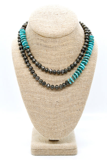 Hand-Knotted Thin Turquoise and Pyrite Beaded Necklace - NL-PYT