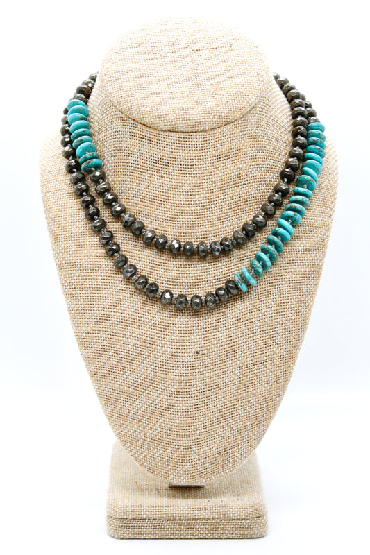 Hand-Knotted Thin Turquoise and Pyrite Beaded Necklace - NL-PYT