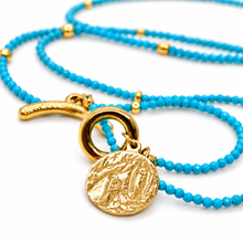 Load image into Gallery viewer, Faceted Mini Turquoise Long Delicate French Religious Medal Necklace  - FMN18
