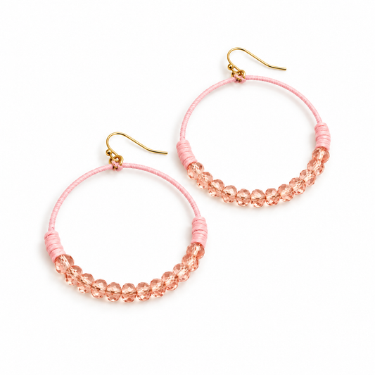 Crystal Beaded Hoop Earrings - E001-Pink
