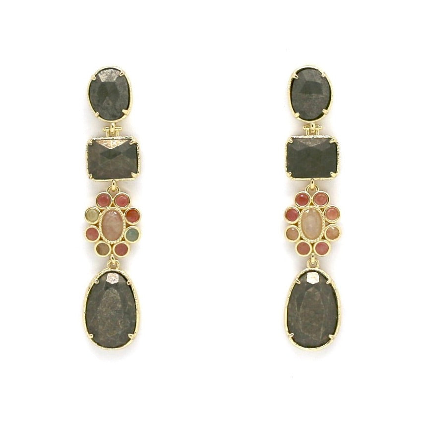 Pyrite and Tourmaline Flower Dangle Earrings- E4-336