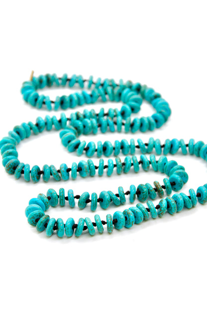 Hand-Knotted Long Thin Turquoise Rondelle Beaded Necklace - NL-RTQ