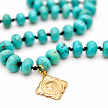 Load image into Gallery viewer, Turquoise Rondelle Bead Hand-knotted French Religious Medal Short Necklace - FMN16
