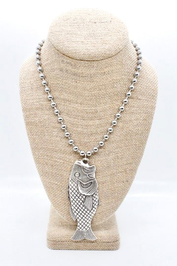Large Fish Pendant Convertible Silver Chain Necklace