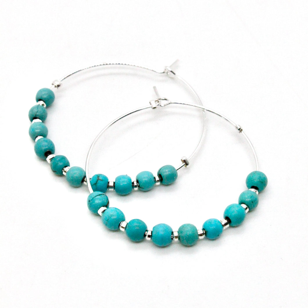 Turquoise Bead Silver Hoop Earrings E7-006S -Stone Collection-