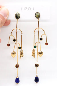 Museum Style Artsy Owl Heart Stone Mobile Earrings - E4-305