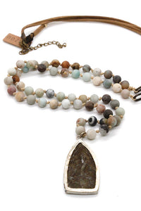 Long Amazonite and Leather Hand Knotted Necklace with Large Reversible Buddha Charm -The Buddha Collection- NL-AZL-BB