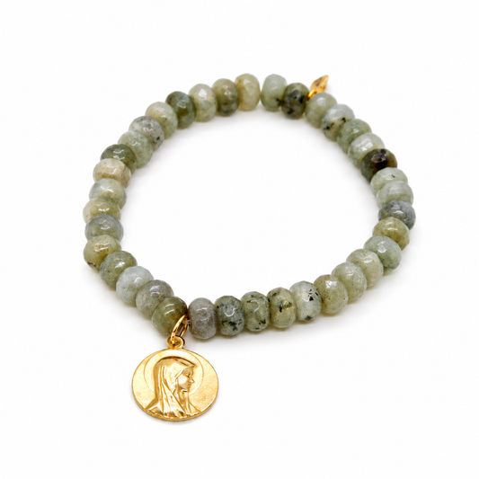 Stretch Labradorite Bracelet French Religious Medal - FMB09C