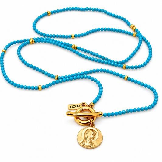 Faceted Mini Turquoise Long Delicate French Religious Medal Necklace  - FMN18