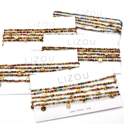 Multi Stone Mix and Mini Gold Coin Wrap Necklace - N2-2617D