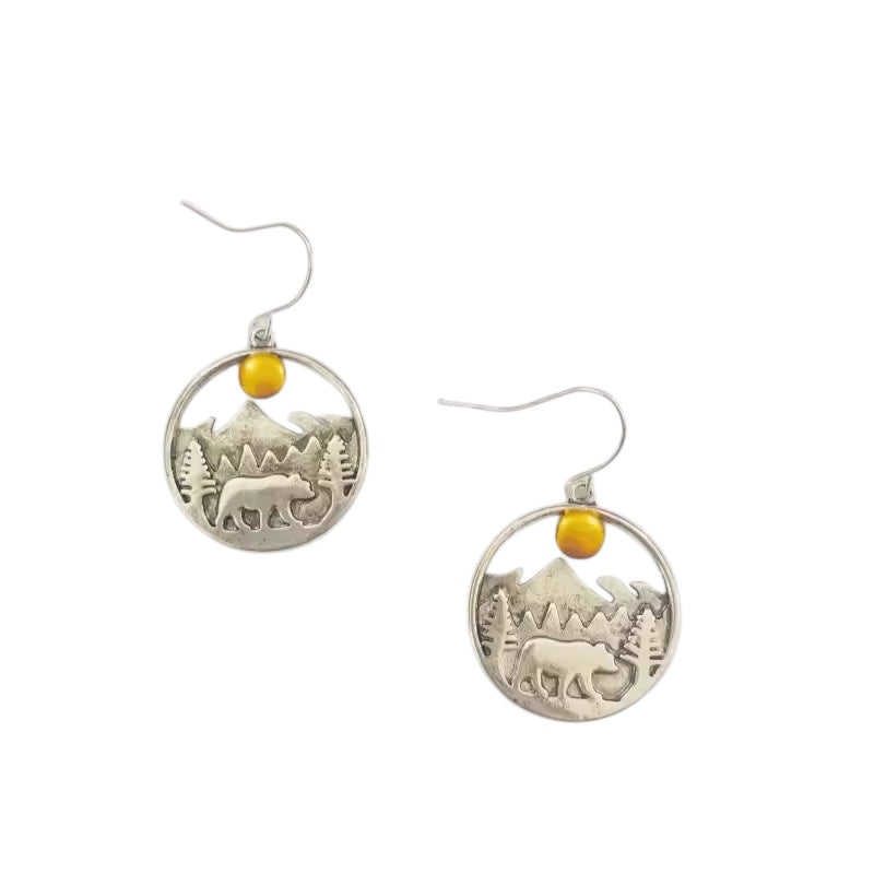 Bear Sun and Trees Dangle Earrings - E9-098