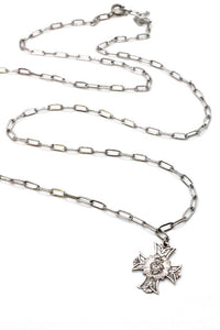 Extra Long Silver Chain Necklace with Sterling Cross Heart Charm -French Medals Collection-