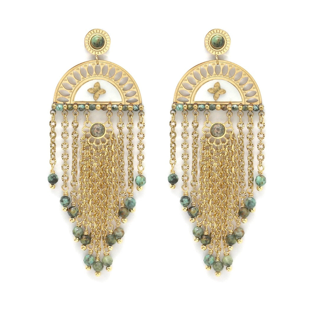 Fan and Fringe African Turquoise Dangle Earrings - E4-317