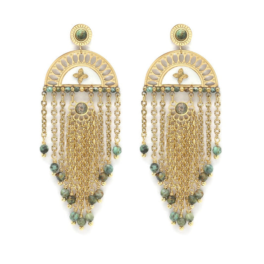 Fan and Fringe African Turquoise Dangle Earrings - E4-317