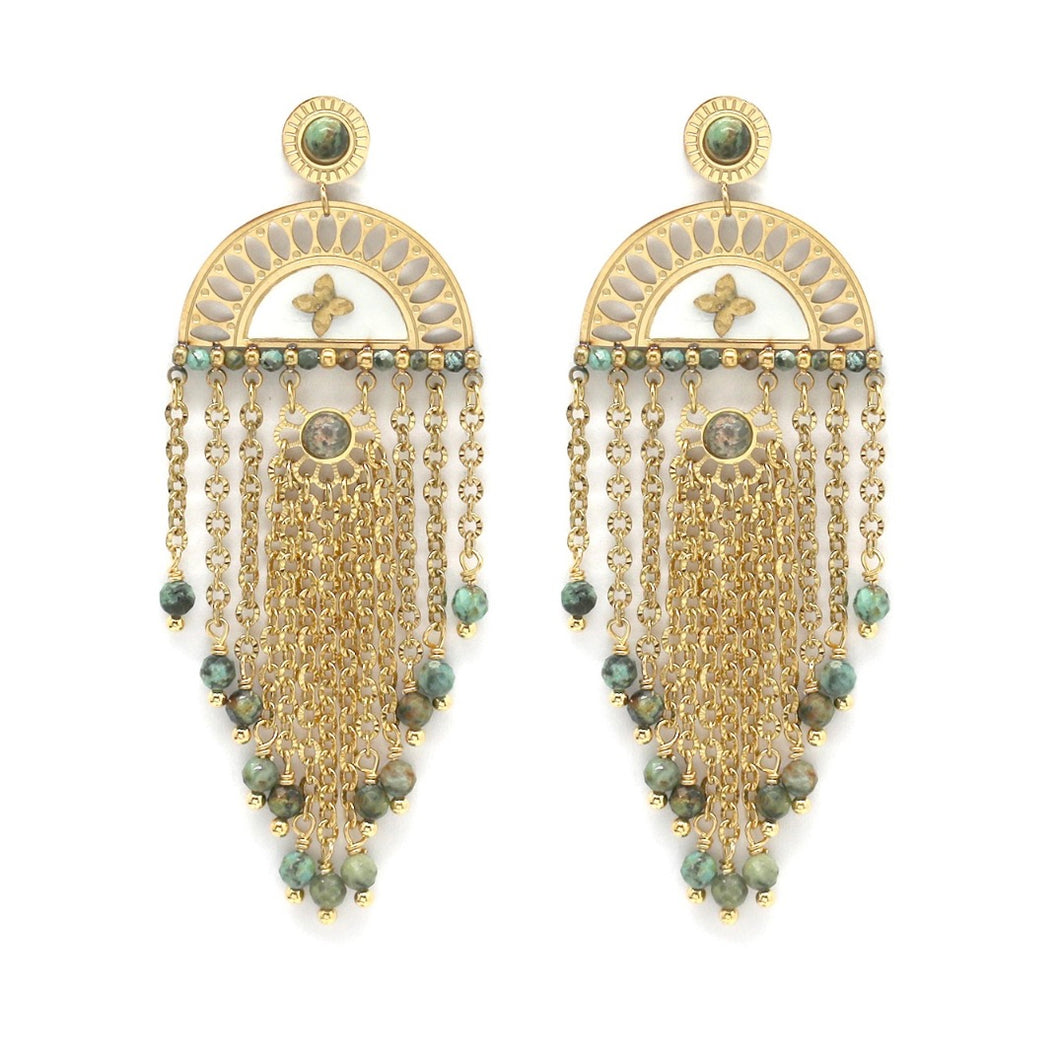 Fan and Fringe African Turquoise Dangle Earrings - E4-317