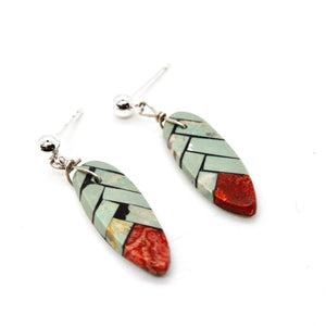 Navajo American Indian Turquoise and Coral Feather Earrings