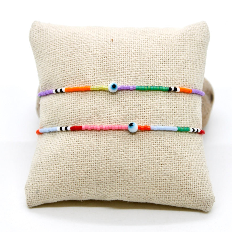 Two Evil Eye Colorful Seed Bead Bracelets - B8-034