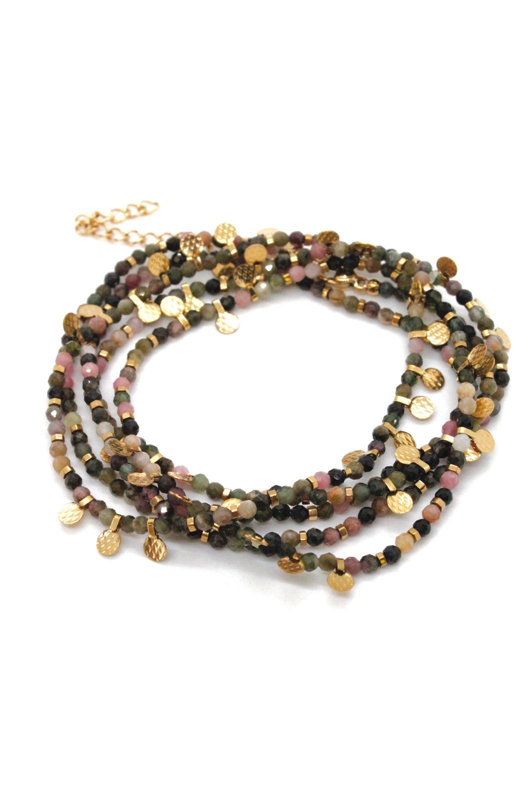 Museum Style Tourmaline Stone Necklace with 24K Gold Plate Mini Charms  -French Flair Collection-