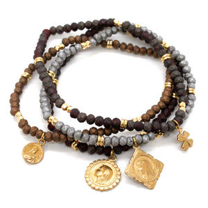 Matte Crystal Bracelet with Gold French Religious Charms -French Medals Collection-