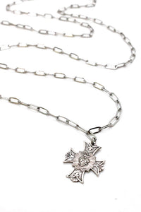 Extra Long Silver Chain Necklace with Sterling Cross Heart Charm -French Medals Collection-