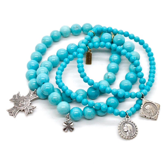 Turquoise Stone Stretch Bracelet with Sterling French Medal Charm -French Medals Collection-