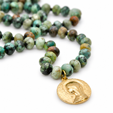 Load image into Gallery viewer, African Turquoise Rondelle Bead Hand-knotted French Religious Medal Long Necklace - FMN26
