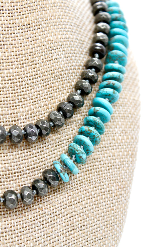 Hand-Knotted Thin Turquoise and Pyrite Beaded Necklace - NL-PYT
