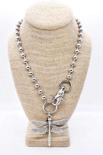 Detailed Dragonfly Pendant Convertible Silver Chain Necklace