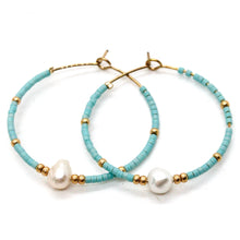 Load image into Gallery viewer, Freshwater Pearl Light Blue and Gold Miyuki Seed Bead Earrings E8-040
