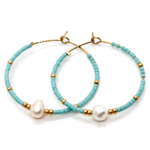 Freshwater Pearl Light Blue and Gold Miyuki Seed Bead Earrings E8-040