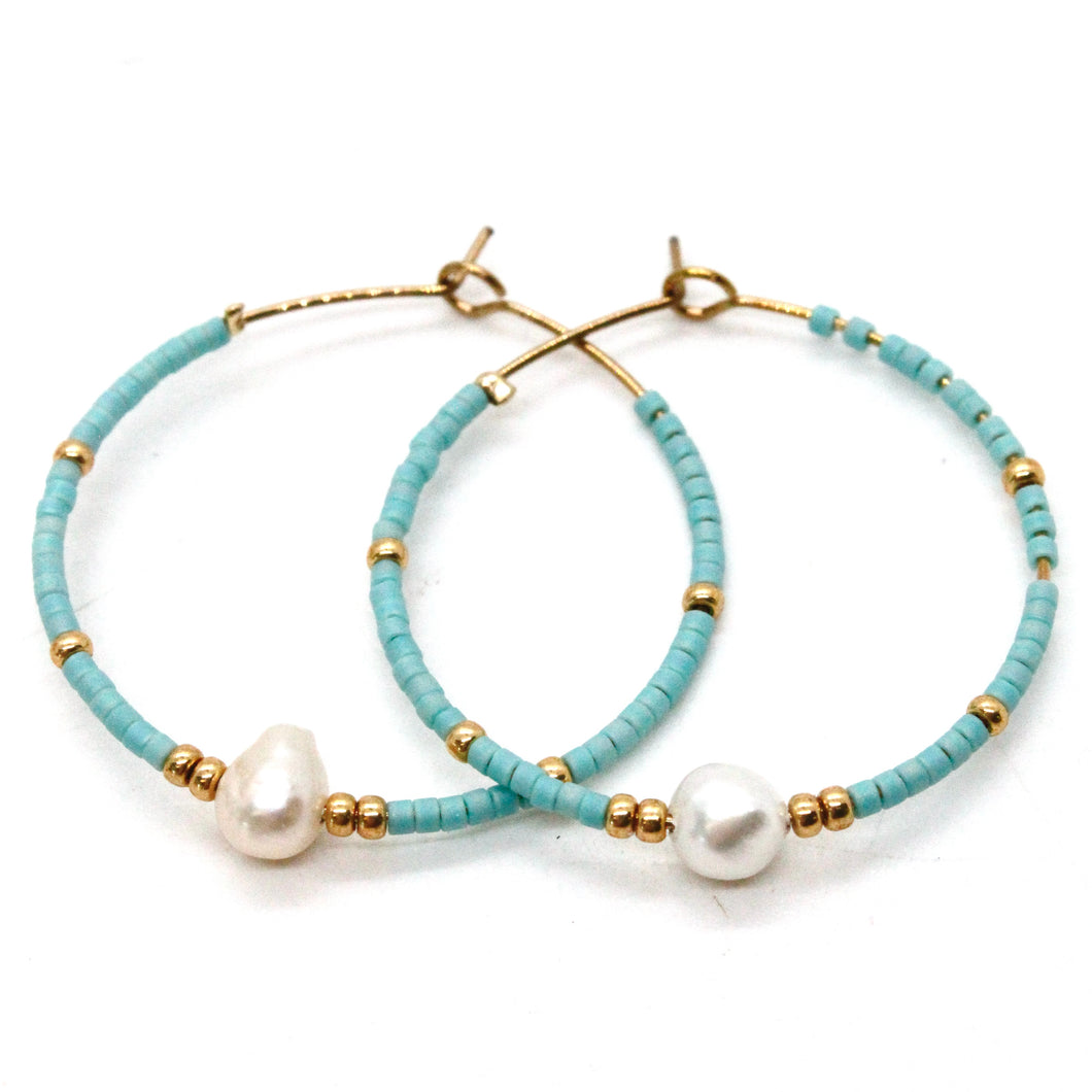 Freshwater Pearl Light Blue and Gold Miyuki Seed Bead Earrings E8-040