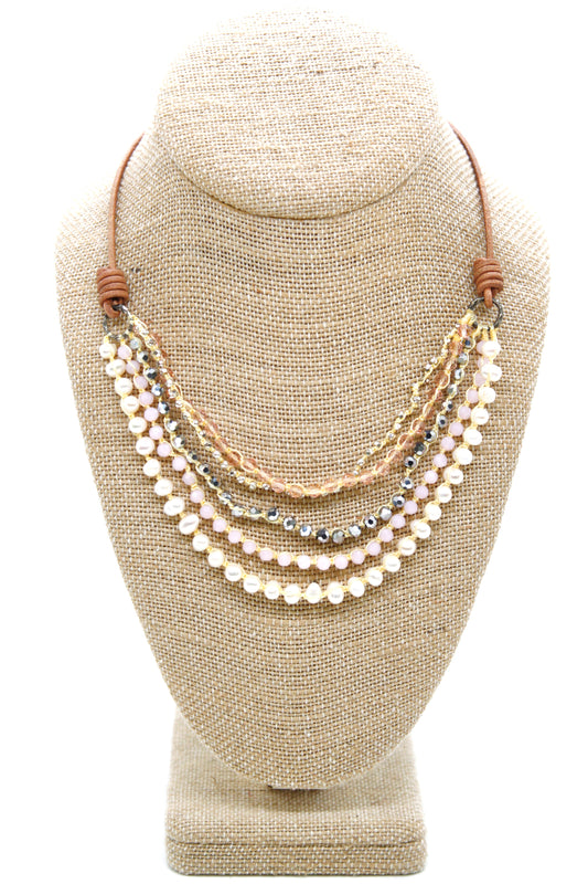 Semi Precious Stone Multi Strand Short Necklace - NLS-Lotus