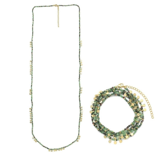 Museum Style Ruby Zoisite Stone Necklace with 24K Gold Plate Mini Charms -  N2-2690