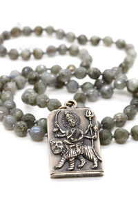 Long Labradorite Hand Knotted Necklace with Reversible Silver Durga Pendant -The Buddha Collection- NL-LB-SL
