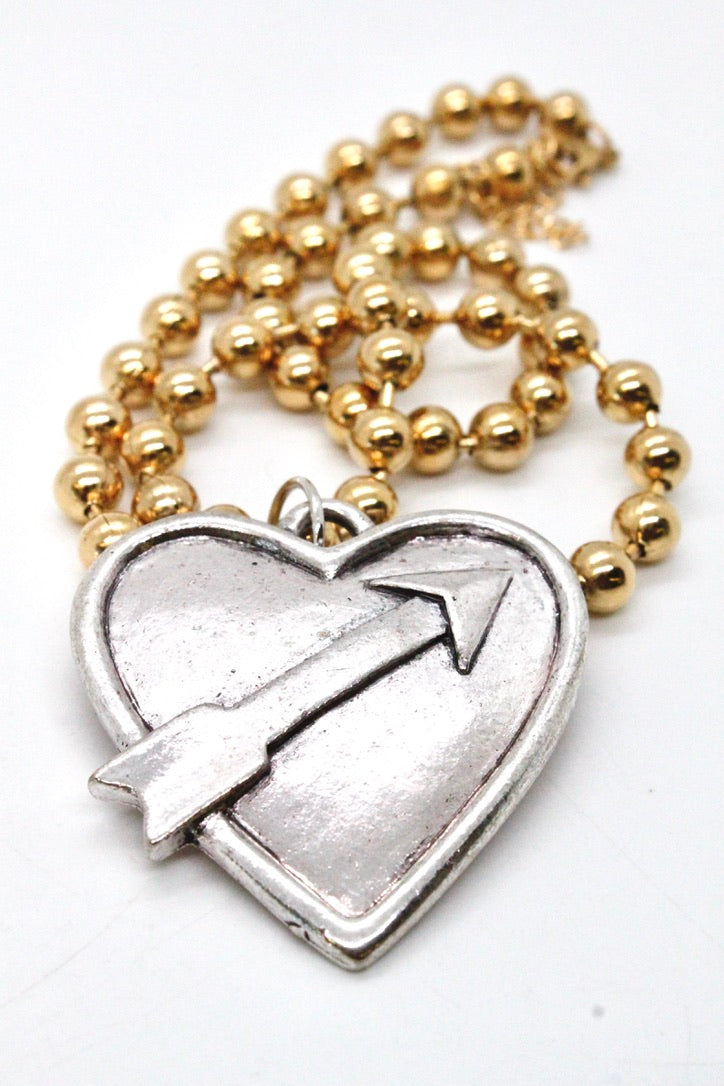 Single Gold Plate Ball Chain Necklace with Silver Heart Arrow N2-S1012g -The Classics Collection-