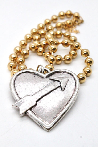 Single Gold Plate Ball Chain Necklace with Silver Heart Arrow N2-S1012g -The Classics Collection-