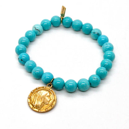 Turquoise Stretch Bracelet with French Religious Charm -French Medals Collection-