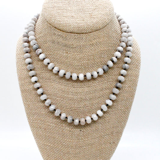 Hand-Knotted Long White Agate Bead Necklace - NL-WLA