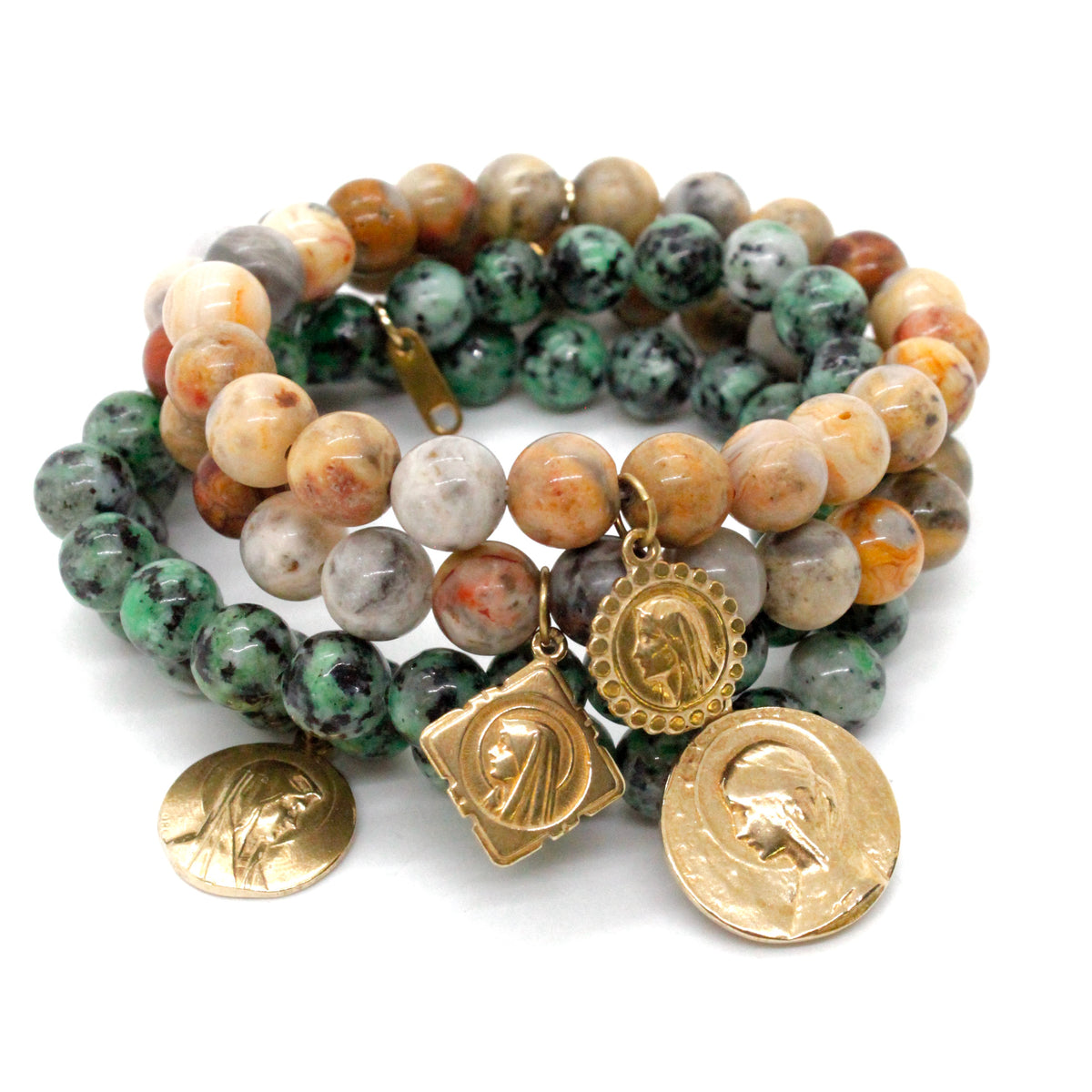 Single Stone Bracelet with Gold French Religious Charm -French Medals Collection-