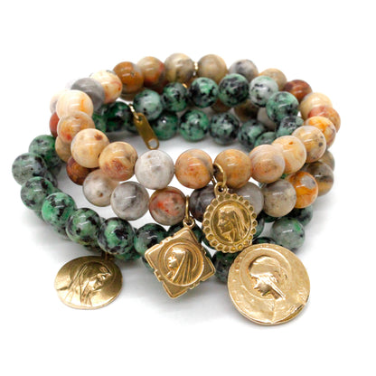 Single Stone Bracelet with Gold French Religious Charm -French Medals Collection-