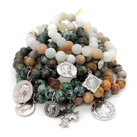 Stretch Semi Precious Stone Bracelet with Sterling Saint Charms -French Medals Collection-