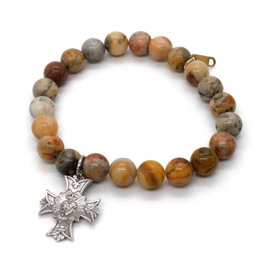 Stretch Semi Precious Stone Bracelet with Sterling Saint Charms -French Medals Collection-