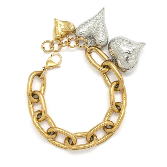 Large Chain Two Tone Three Heart Bracelet - B4-039