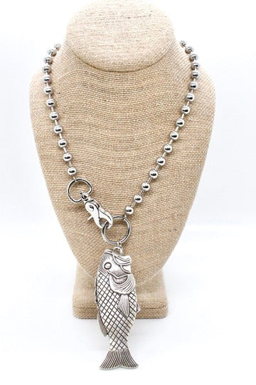 Large Fish Pendant Convertible Silver Chain Necklace