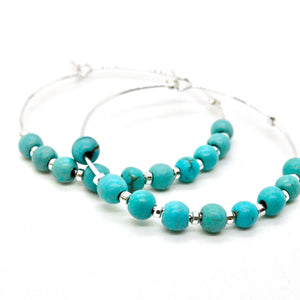 Turquoise Bead Silver Hoop Earrings E7-006S -Stone Collection-