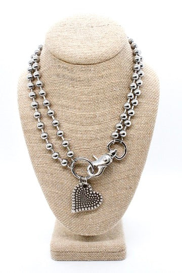 Double Sided Dotted Heart Pendant Convertible Silver Chain Necklace