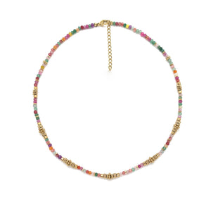 Rainbow Semi Precious Stone and Gold Bead Short Necklace -French Flair Collection- N2-2287
