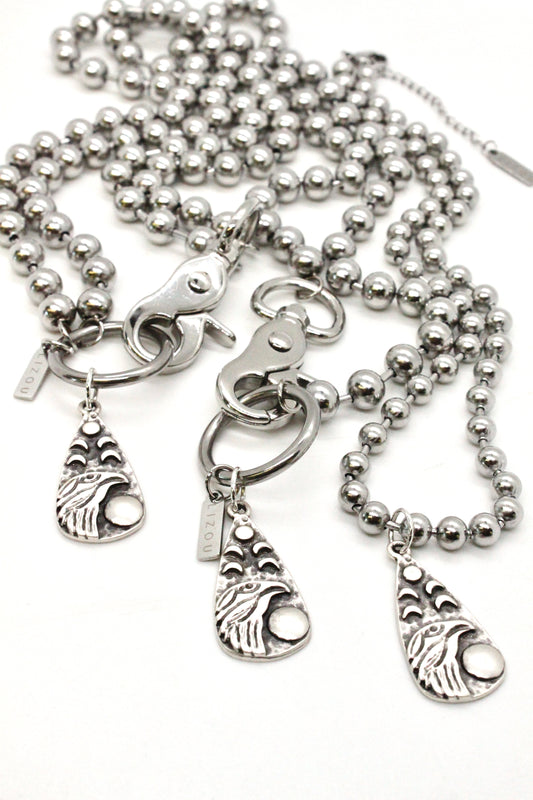 Raven Bird and Moon Phases Pendant Convertible Silver Chain Necklace